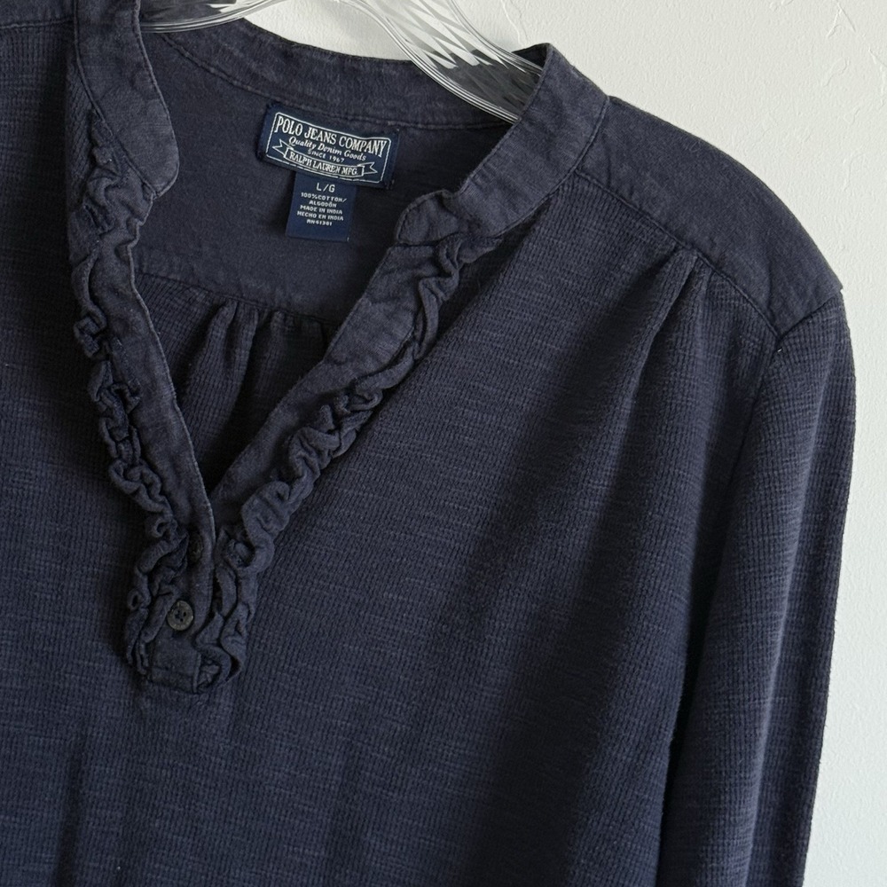 Ralph Lauren Polo Jeans‎ Ruffle Henley Top Women Large Blue Waffle Preppy